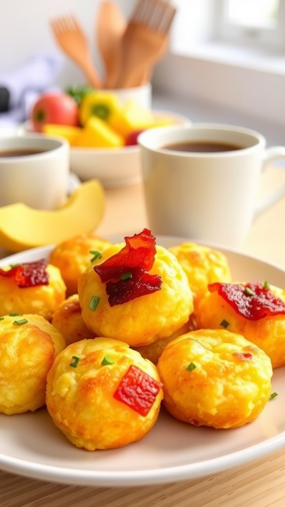 Whole30 bacon and egg bites on a plate, garnished with herbs, with coffee and fruit in the background.